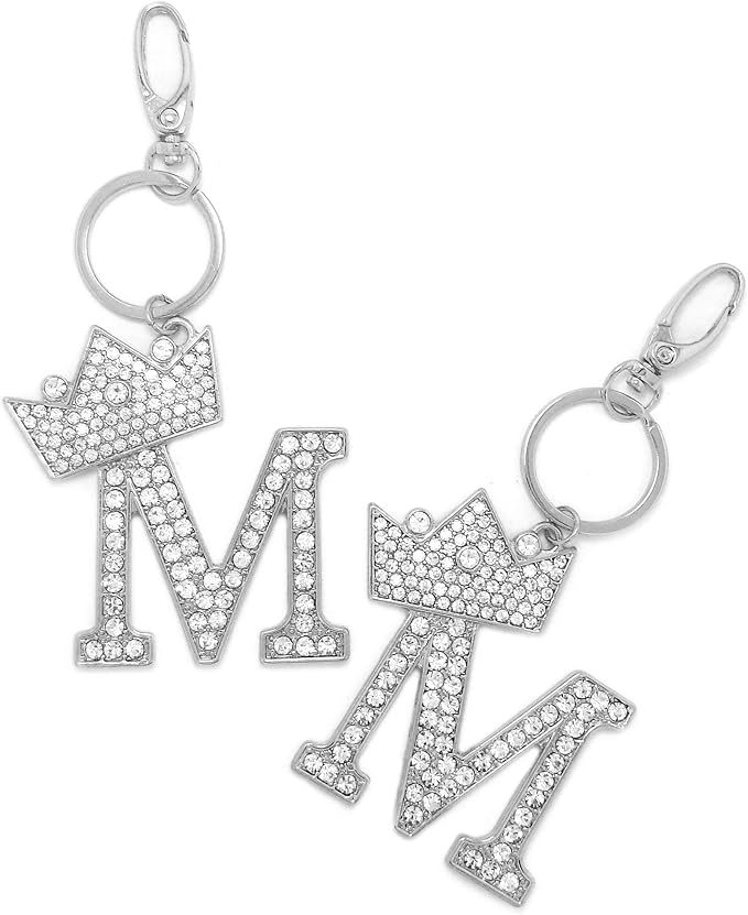 CBC Crown Crystal Rhinestone Letter Initial Keychain, Gold Metal, Bag Charm with Key Ring Approx. 2.17" x 2.56"