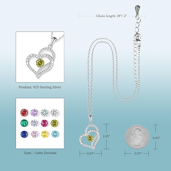 LynChoe Birthday Gifts Double Heart Birthstone Necklace for Women, S925 Sterling Silver Pendant Necklace Jewelry for Her Mother Mom Wife Girlfriend