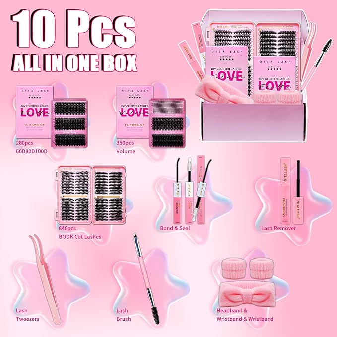 Lash Clusters Kit Eyelash Clusters Kit 3D Effect Cluster Eyelash Extensions Large Pack Cat Eye Lashes Clusters Lash Extension Kit Pestañas Postizas Naturales+Lash Bond&Seal,Remover,Tools(Lash Kit-9)