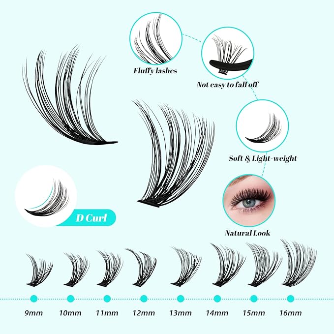 Lash Clusters Kit 320pcs Cluster Eyelash Extension 30D 40D with Long Lasting Lash Bond and Seal Waterproof,Lash Glue Remover,Lash Applicator for Individual Fake Eyelashes(D-Mix9-16mm)