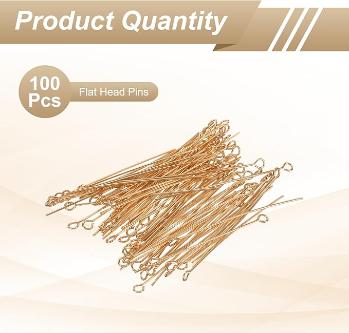 HARFINGTON 100pcs Open Eye Head Pins 1.97" 50mm Mini Metal Wire Eye Pins Beading Small Needles Bulk for Earring Pendant Necklace Bracelet Charm Jewelry Making Findings, Champagne Gold