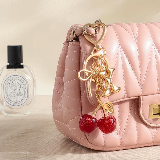 Snycler Bubble Initial Keychain with Cherry & Bow - Gold Letter Bag Charms for Women, Cute Purse Handbag Accessories