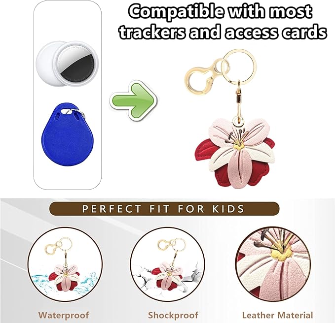 Leather Keychain Holder Case Compatible with AirTag,Cute Protective Cover with Keyring,Anti-Scratch Finder GPS Tracker Case for Wallet Keys,Bag,Pets(Flower C)