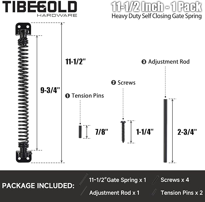 11-1/2" Gate Spring Self Closing, Heavy Duty Black Door Closer Spring, Adjustable Tensioner Automatic Outdoor Gate Closure, Gate Spring Hardware for Wooden and Vinyl Fence, 1 Pack