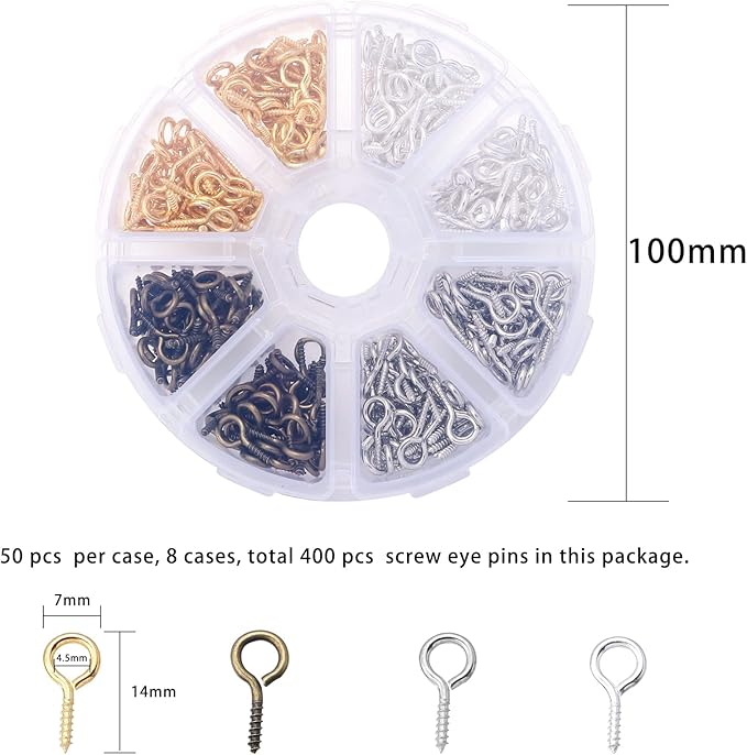 400 Pcs Metal Screw Eye Pins Set 0.55inch/7X14mm Mixed Colors Sturdy Eye Hooks for DIY Jewelry Making Box Packed (Mixed Color 7X14mm)
