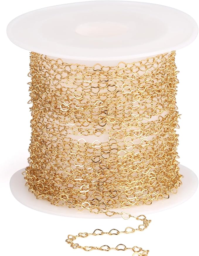 16.5FT Gold Heart Chains Roll, 2.5mm 18K Gold PVD Plated Stainless Steel Heart Link Chain Spool Bulk for Jewelry Making Necklace Bracelet