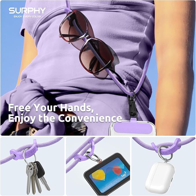 SURPHY Phone Lanyard, Adjustable Phone Strap Crossbody with 2 Pack Phone Tether Tab, Premium Metal Buckles, Skin-Friendly, Universal Cell Phone Lanyard Crossbody for Women and Men, Purple
