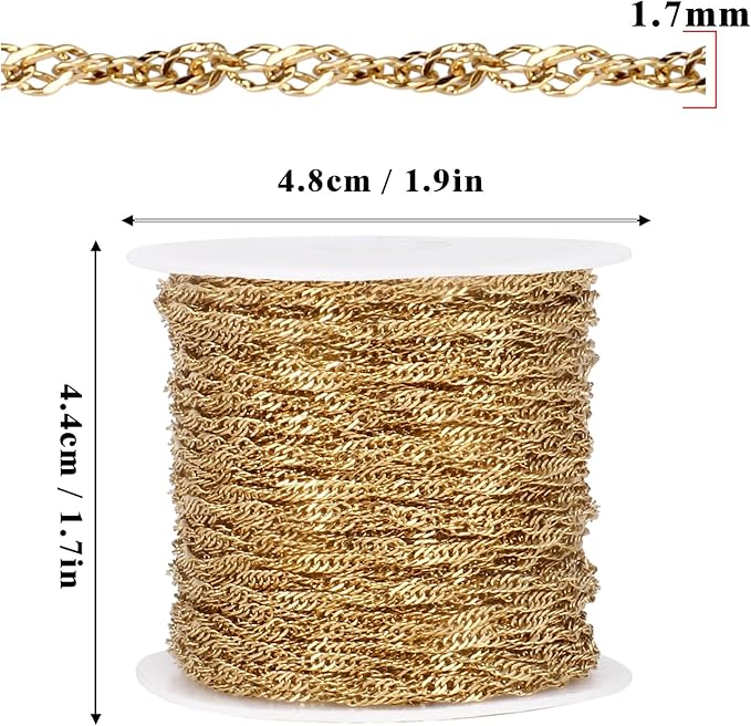 33 Feet 18K Gold PVD Plated Singapore Chains Roll, 1.7mm Width 304 Stainless Steel Gold Twisted Link Chain Bulk Spool for Jewelry Making DIY Craft