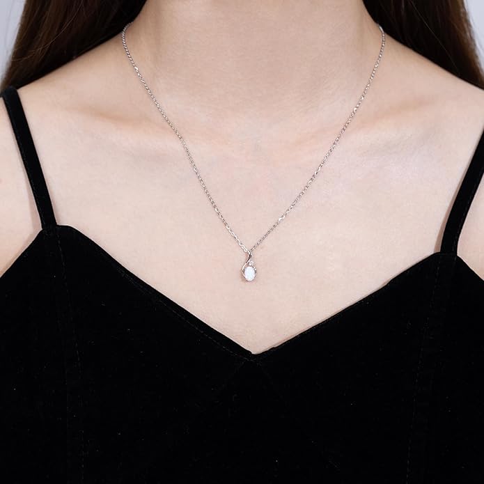 FANCIME 14K Solid White Gold Oval Gemstone Necklace with Diamond Pendant Gifts for Mom Women,16"+2" Inches