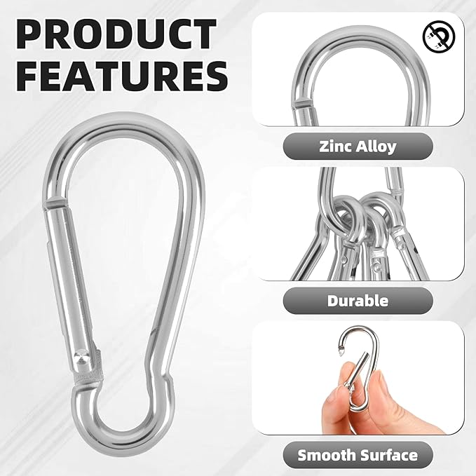 39pcs 1.9Inch Carabiner Caribeener Clips D Shape Aluminum Carabeaner Buckle Spring Snap Key Chain Clip Hook for Camping Hiking Fishing Traveling, Silver