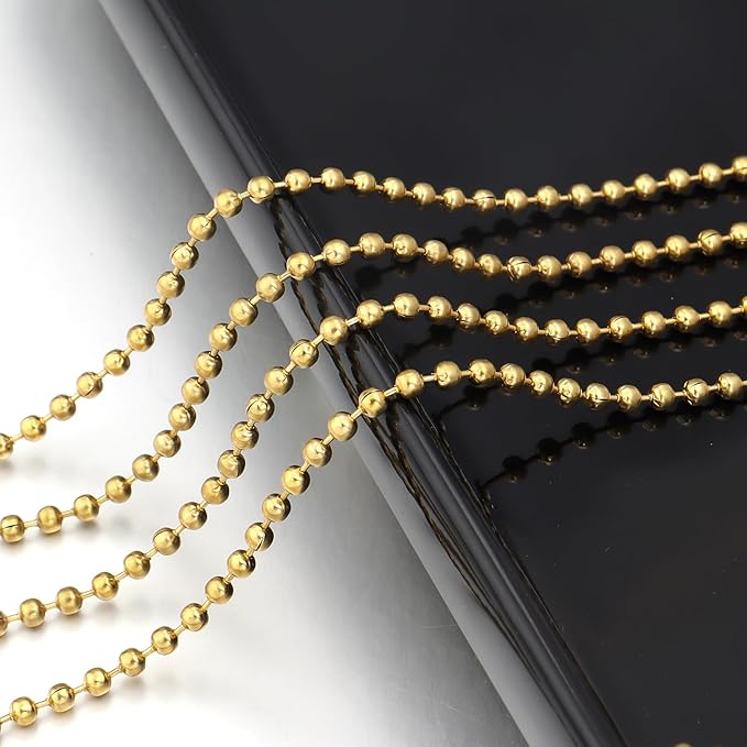 Topacket 33Feet Ball Bead Chain 18K Gold Stainless Steel Dog Tag Chain with Matching Connectors for Jewelry Making Necklace Hanging Bracelets Keychain(2.4mm)