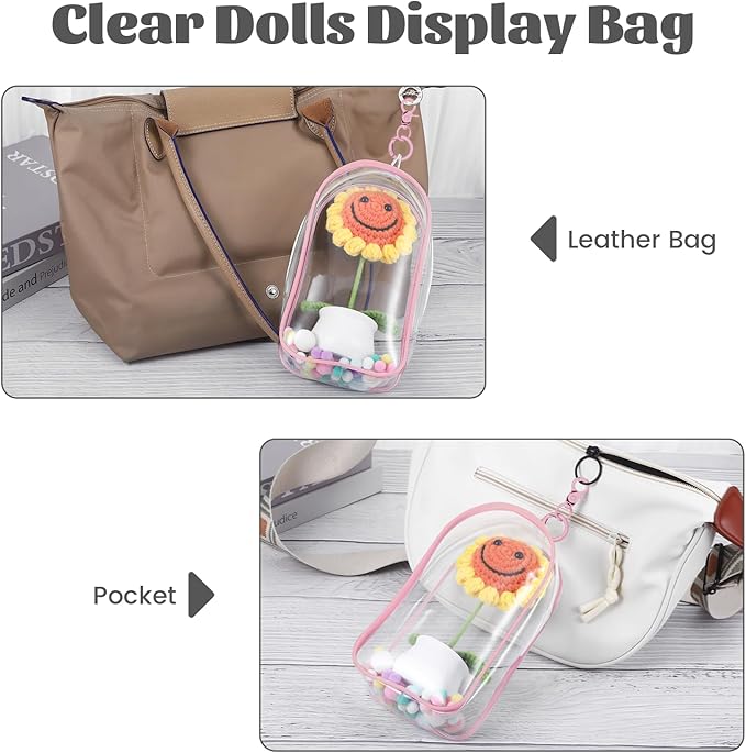 Pink Keychain Pouch, Keychain Figure Display Case for 17cm Doll, Waterproof Hanging Figure Display Bag with Keychains, Mini Small Clear Makeup Zipper Pouches Bag for Dolls Collection