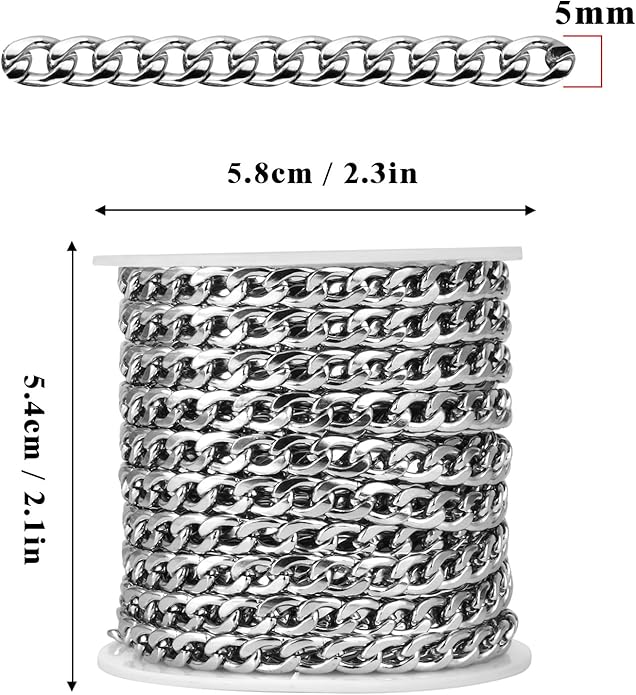 16.5 Ft Stainless Steel Curb Chains, 5mm 6mm 7mm 9mm Cuban Chain Roll Bulk for Jewelry Making