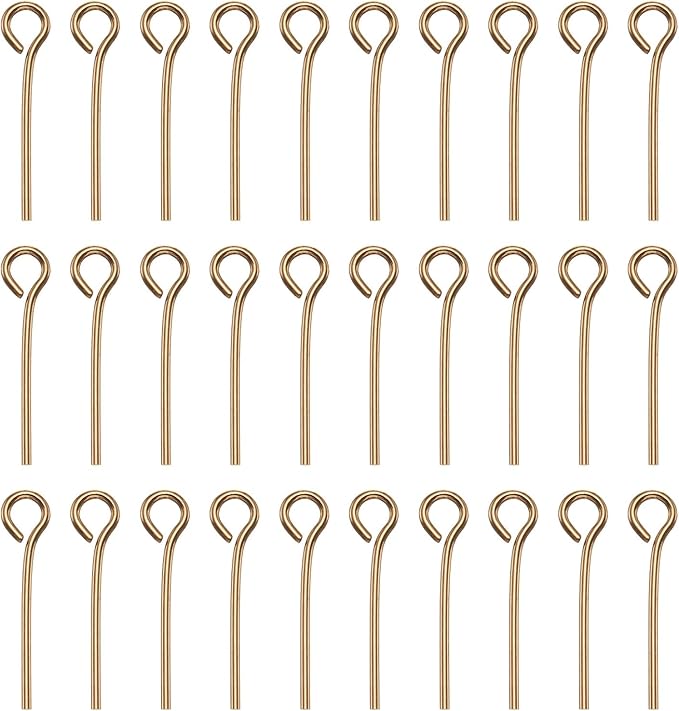 HARFINGTON 100pcs Open Eye Head Pins 0.63" 16mm Mini Metal Wire Eye Pins Beading Small Needles Bulk for Earring Pendant Necklace Bracelet Charm Jewelry Making Findings, Champagne Gold