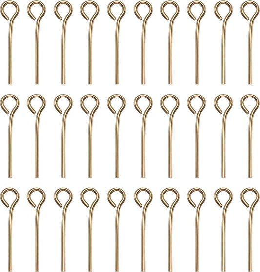 HARFINGTON 100pcs Open Eye Head Pins 0.63" 16mm Mini Metal Wire Eye Pins Beading Small Needles Bulk for Earring Pendant Necklace Bracelet Charm Jewelry Making Findings, Champagne Gold