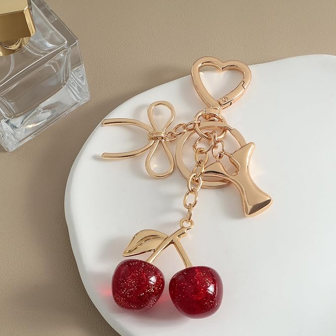 Snycler Bubble Initial Keychain with Cherry & Bow - Gold Letter Bag Charms for Women, Cute Purse Handbag Accessories