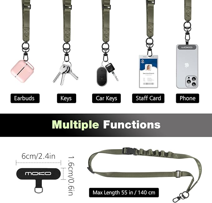 MoKo Universal Phone Lanyard, Nylon Adjustable Cell Phone Crossbody Strap Detachable Women & Men Cellphone Lanyards Around the Neck with Patches for iPhone, Most Smartphone, Army Green