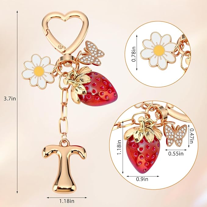 Strawberry Initial Keychain for Women-Cute Kawaii Gold Alphabet Bag Charms, Key chain Gift for Purse Handbag