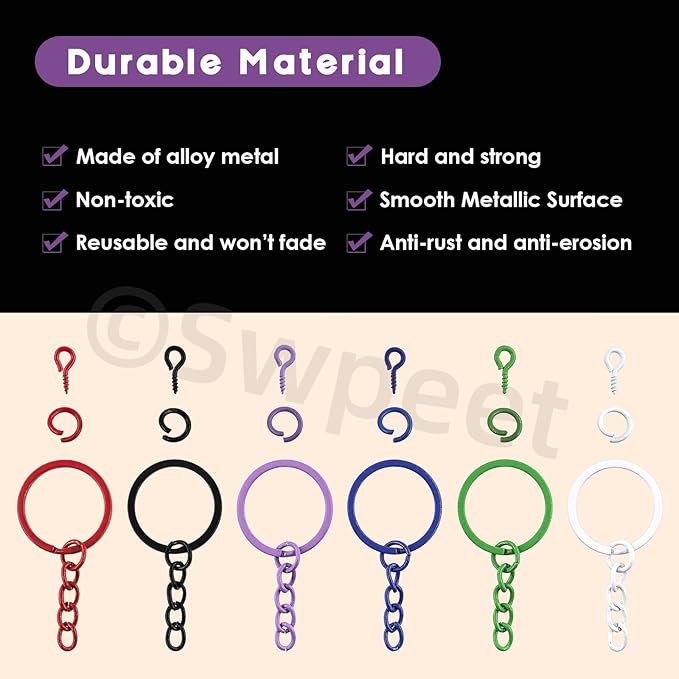 Swpeet 372Pcs 6 Colors 25mm - 1Inch Key Chain Rings Kit, Includes 72Pcs 25mm Keychain Rings with Chain, 150Pcs Open Jump Ring and 150Pcs Screw Eye Pins for DIY Crafts and Jewelry Making