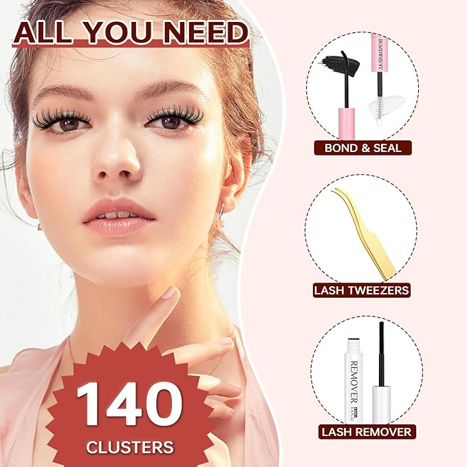 JOLIETIFY Lash Extension Kit, Manga Style, Dense Volume, Soft & Fluffy, Faux Mink 8-18mm Cluster Lashes, Reusable Individual Lashes with Waterproof Bond & Seal, Tweezers & Remover, DIY for Beginners