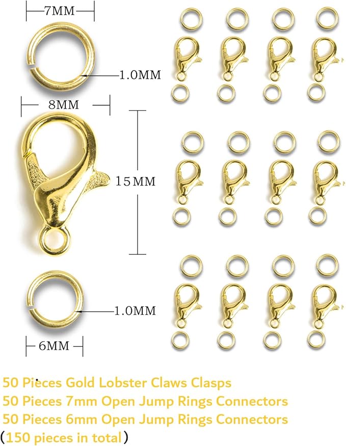 AD Beads 50 Pieces Lobster Claws Clasps Plus 100 Pieces 7mm Match Color Open Jump Rings Suitable for Necklace Bracelets Jewelry (8x15mm, Gold)