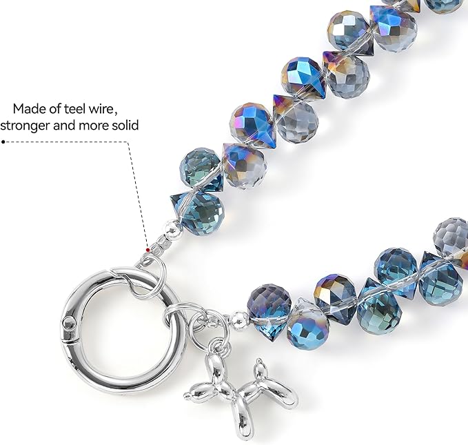 2pcs Crystal Phone Wrist Strap Phone Charm Chain Keychain Beaded Cellphone Lanyard with Tether Tab Hands-Free Wristlet Bracelet Wrist Grip Strap for Women, D-Light Blue