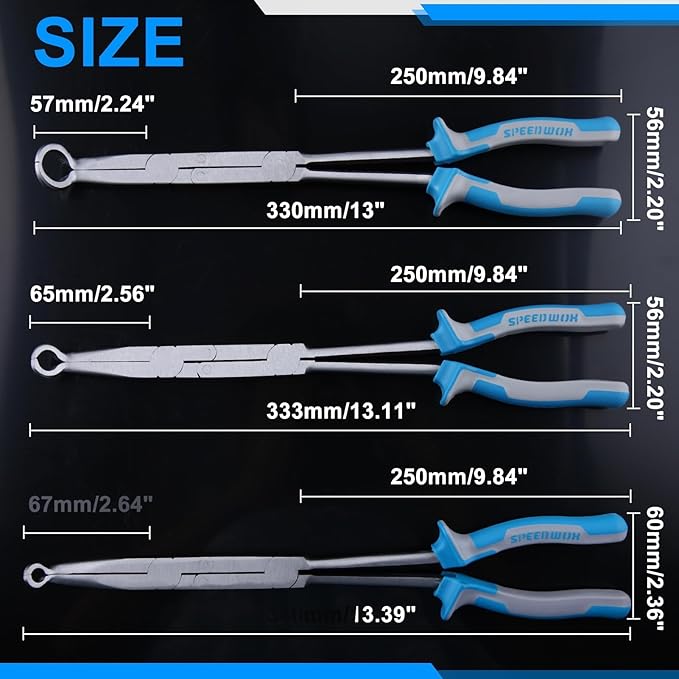 SPEEDWOX 3pcs 13-Inch Long Reach Double Joint Ring Nose Pliers - XL Pivot for Hose Grip 1/3" 3/4" Diameter Removal in Narrow Spaces