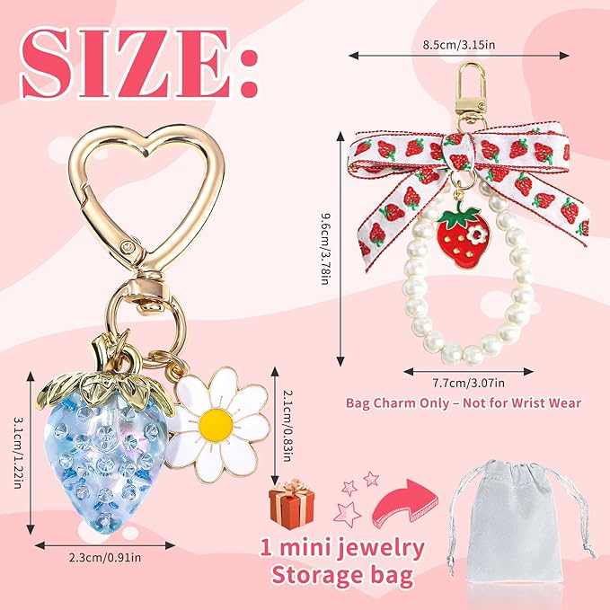 2Pcs Strawberry Keychain Charm Cute Bag Charms Flower Daisy Pearl Bow Keychain Strawberry gift for Women