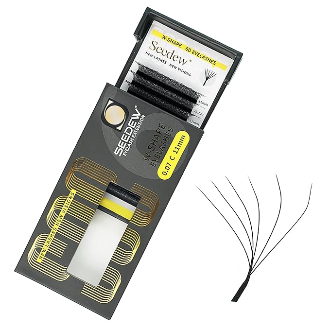 SEEDEW 6D Lash Extensions, 0.07mm C Curl 11mm 12 Rows/Tray, W Shape Flat Stem, Korean PBT Mega Volume False Eyelashes Grafting for Beginner Artist, Lash Tech, Beauty Salon(6D-Matte Black-0.07-C-11mm)