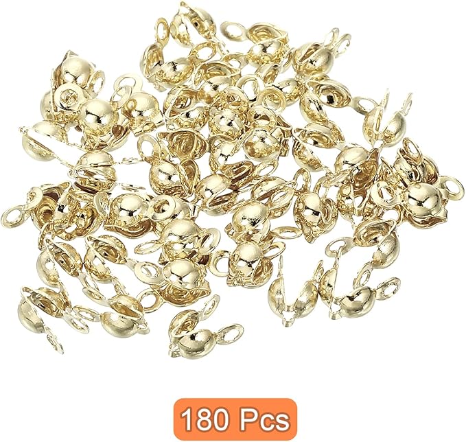 uxcell 180 Pcs 3.2mm Crimp End Caps, Clamshell Cord End Cap Connector Clasp Bead Tips Knot Covers Calotte End Crimp for DIY Jewelry Making, 14K Gold