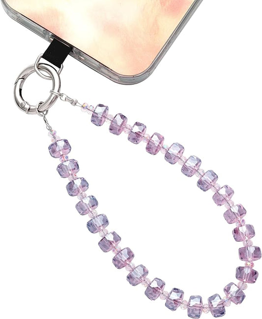Crystal Beaded Phone Wrist Strap Glass Beads Bracelet Lanyard Crystal Chain Cell Phone Wristlet Strap for Women (Light Purple)