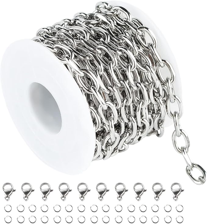 UMAOKANG 304 Stainless Steel Rolo Cable Chains Findings for Jewelry Making Men Women Necklace Bracelet DIY Supplies Silver Chain On Spool with Jump Rings Lobster Clasps