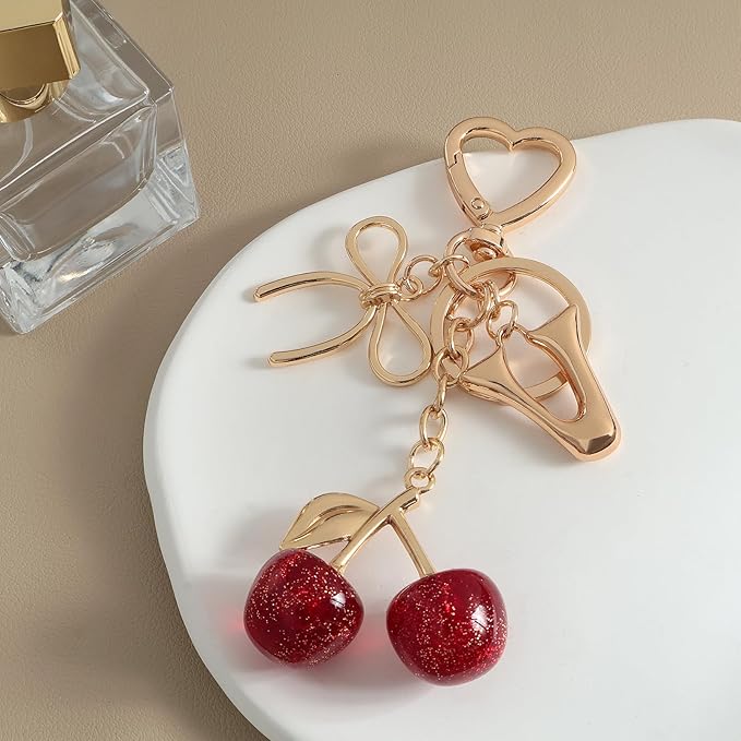Snycler Bubble Initial Keychain with Cherry & Bow - Gold Letter Bag Charms for Women, Cute Purse Handbag Accessories