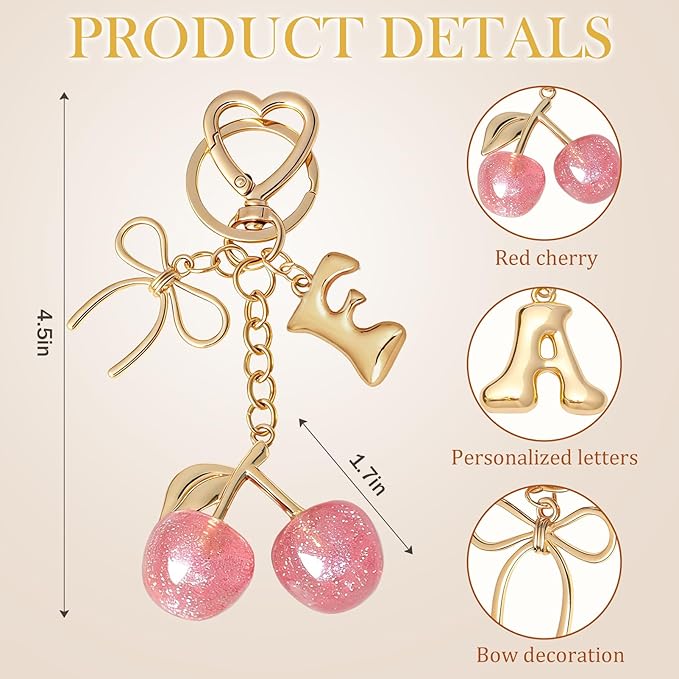 Snycler Bubble Initial Keychain with Cherry & Bow - Gold Letter Bag Charms for Women, Cute Purse Handbag Accessories