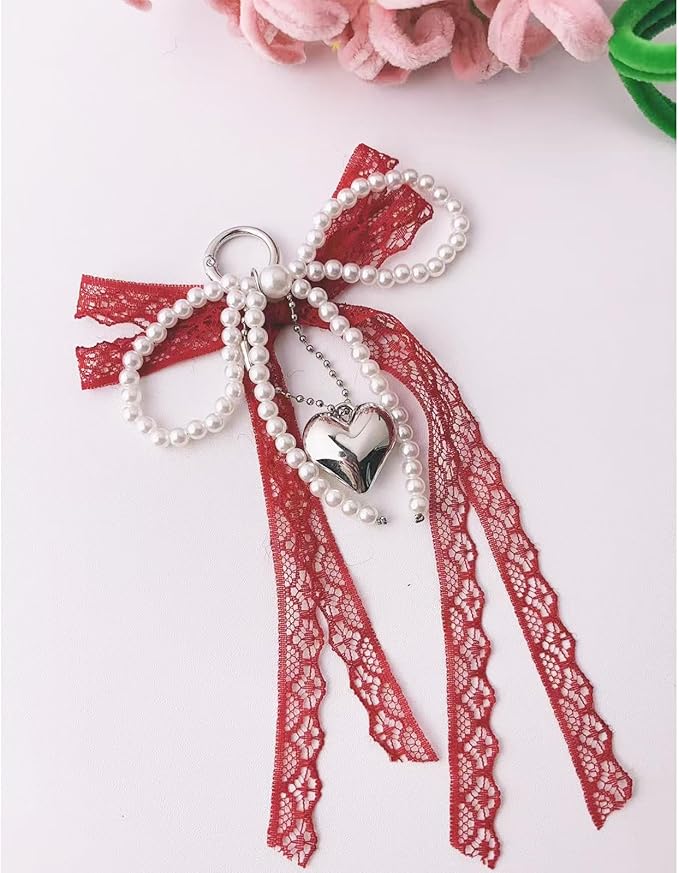 Pearl Bow Keychain Cute Y2k Lace Bowknot Keychain Coquette Aesthetic Accessories Bag Purse Handbag Backpack Charm