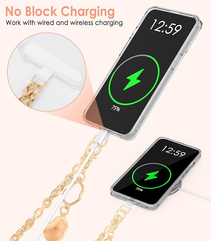 MoKo Universal Phone Lanyard, Metal Cell Phone Chain Crossbody Strap Anti-Theft Detachable Women Cellphone Lanyards Around The Neck with Patches for iPhone, Most Smartphones - Gold