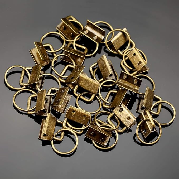 SPEEDWOX Key Fob Pliers and 20 Sets 0.8 Inch Key Fob Hardware with Keychain Split Rings Webbing Fabric Strapping Wristlet Set Antique Brass Glass Breaking Pliers Tools with Rubber Tips