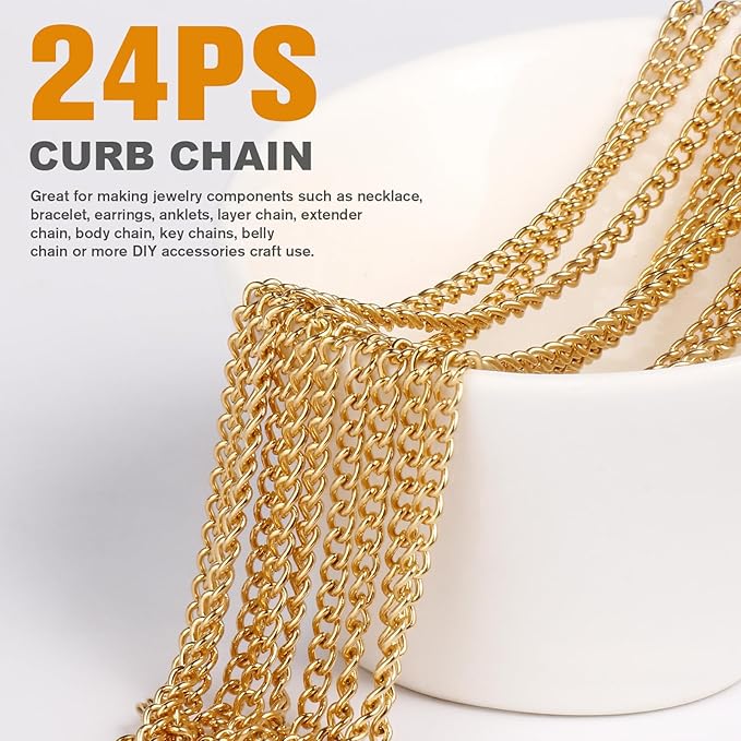 Cadikez 24PCS Gold Curb Chain Necklace Bulk, 2mm 18inch 18K Gold PVD Plated Stainless Steel Finished Flat Twisted Link Chains for Necklace Jewelry Making