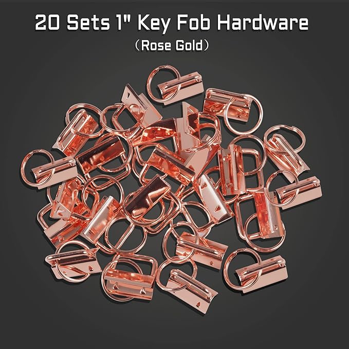 SPEEDWOX 20 Pcs 1" Rose Gold Key Fob Hardware Set, 8 Inches Glass Breaking Pliers with Rubber Tips, for Wristlet Keychain Key Lanyard Making