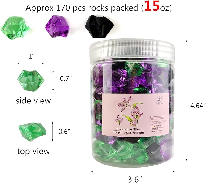 HappyFiller Home Decoration Fake Ice Rocks Crystal Cubes Stones for Vase Fillers,Party Decor, Crafts,Pirate Treasure Jewels Plastic Gemstone,Table Scatters,Mix Purple Green Black,14 OZ