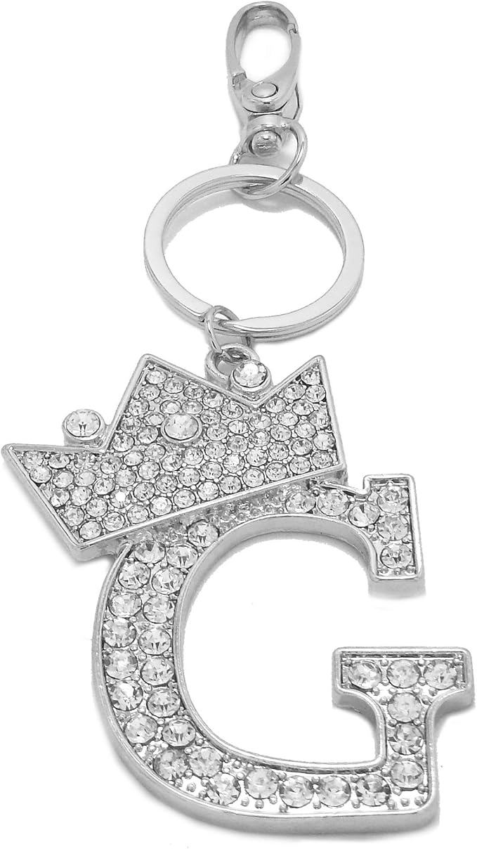 CBC Crown Crystal Rhinestone Letter Initial Keychain, Gold Metal, Bag Charm with Key Ring Approx. 2.17" x 2.56"