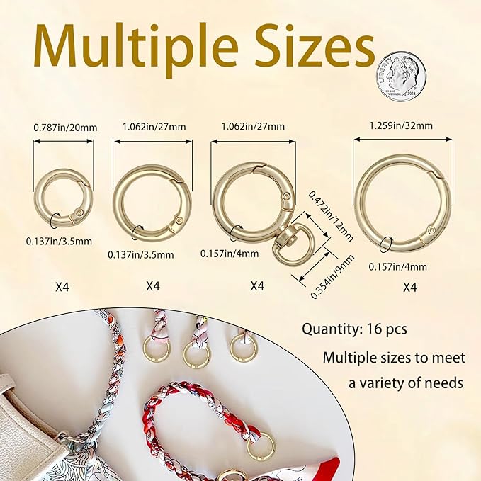 16PCS Metal Spring O Ring Set, Mixed Sizes Round Carabiner Keychain Snap Hooks for Key Rings, Bags, Dog Tags, Buckle, Paracord, Lanyards, and DIY Repair Crafts (Black)