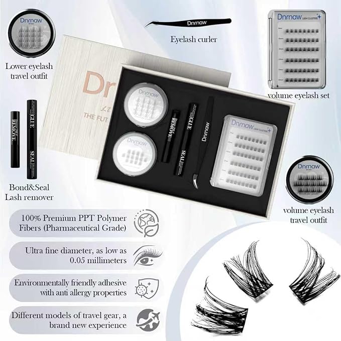 Luxury Lash Clusters Kit - Wispy & Fluffy Cluster Eyelash Extensions 8-16mm, 150H Wear | Korean Hypoallergenic PBT Fibers, Waterproof Glue & Seal | Gift Ready Premium Box (Volume-Sliver box)