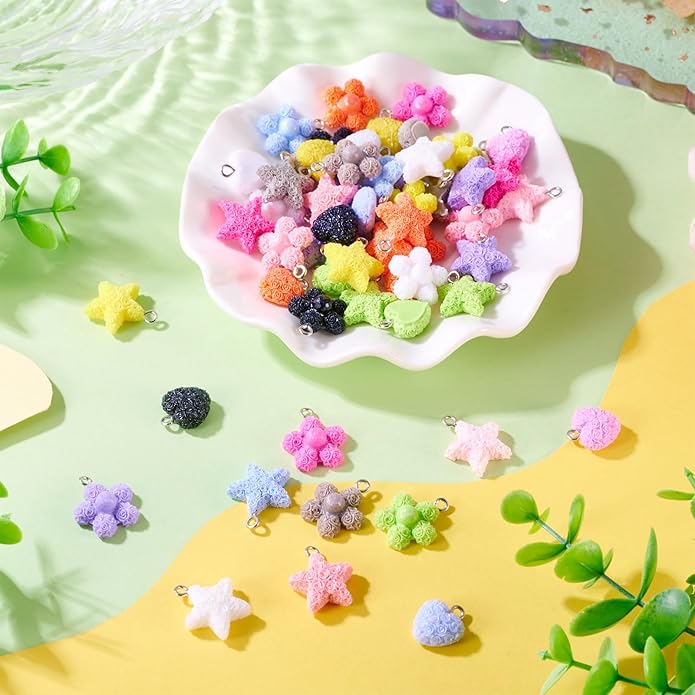 Resin Love Heart Star Flower Charms Colorful Heart Floral Pentagram Pendants Cute Hang Ornament for DIY Crafts Necklace Bracelet Keychain Jewelry Making