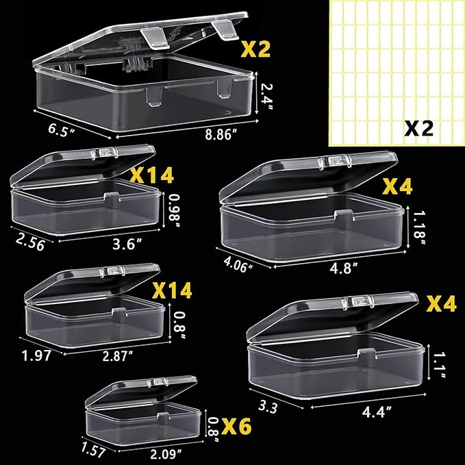Bead storage container,44pcs of different sizes rectangular mini clear plastic storage box with hinged lid and label for bracelet making DIY jewelry craft nail organizer,Mix Size-2