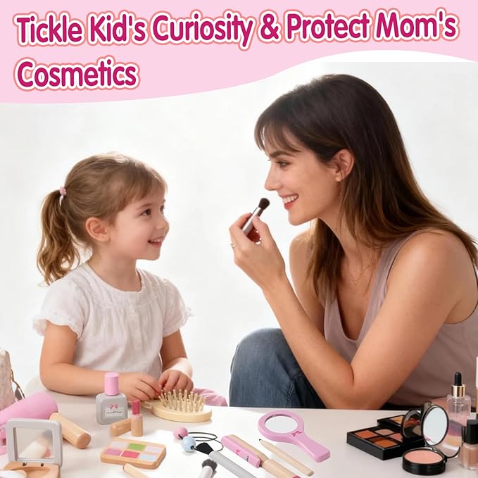 Wooden Makeup Toy Set for Toddler,Kids Pretend Play,Children Role Play Toys,Fake Cosmetics Salon Toys,Princess Dressup Accessories with Bag Birthday Gift for Girls 3 4 5 6