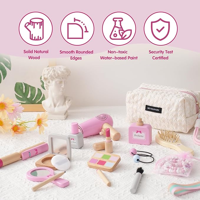 Wooden Makeup Toy Set for Toddler,Kids Pretend Play,Children Role Play Toys,Fake Cosmetics Salon Toys,Princess Dressup Accessories with Bag Birthday Gift for Girls 3 4 5 6
