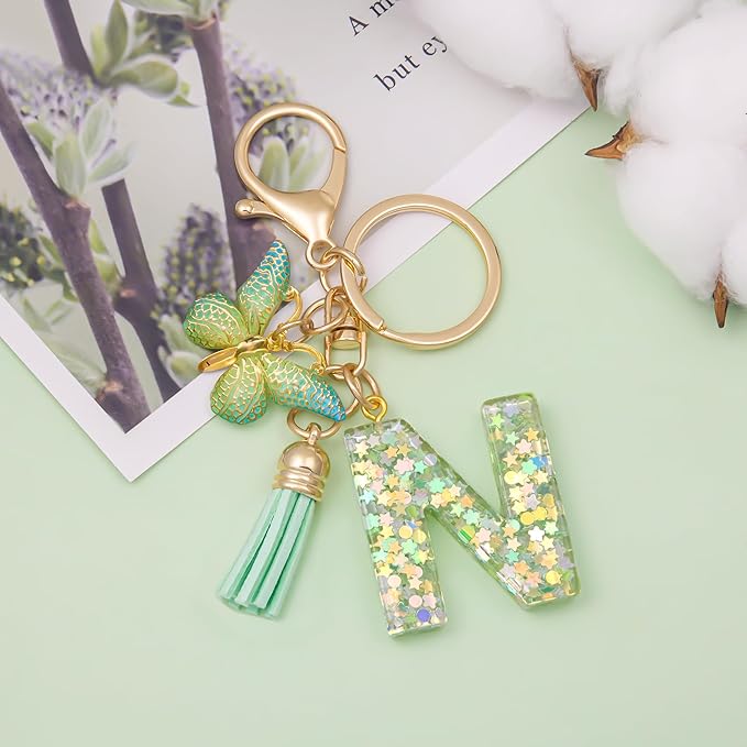 Fashion Alphabet Initial Letter Keychain Tassel Butterfly Pendant Key Ring for Purse Handbags Women Girl