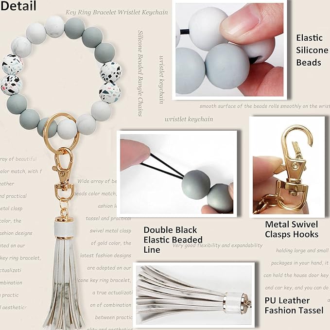 BIHRTC Key Ring Bracelet Car Keychain Holder Wristlet Silicone Women Beaded Bangle Chains