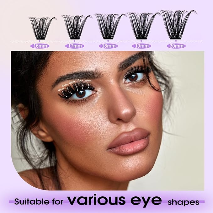 Lash Clusters Kit for Using at Home: Ultra-light, DIY, Natural, Fluffy, Wispy, Waterproof, Anime, Manga, Cat Eye, D Curl, 16-20mm, 100P+200P, Wendy, RT318